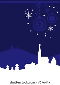 Christmas card background with snowy landscape and little village (vector)