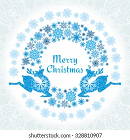 Christmas card background in soft blue with snowflakes and reindeer