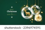 Christmas card background - christmas tree, deer, christmas balls and golden decorations on green background with shining lights - vector xmas illustration