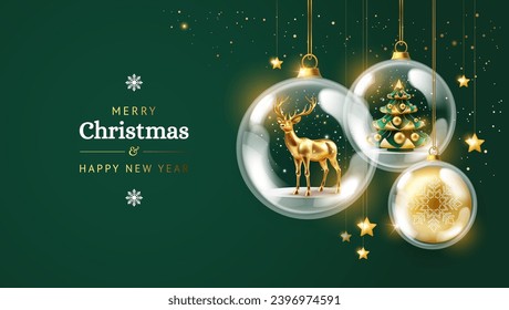 Christmas card background - christmas tree, deer, christmas balls and golden decorations on green background with shining lights - vector xmas illustration