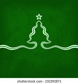 Christmas card background with christmas tree and star on green background. Tree is created with ribbon. 