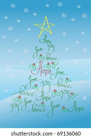 Christmas card or background, tree with yellow star and holly bush leaves