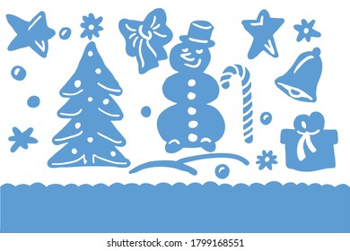 Christmas card, background with Christmas trees, snowman, stars, gift and other Christmas symbols.