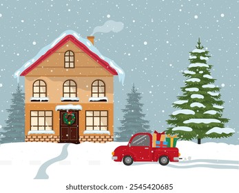 Christmas card or background with winter landscape, house, red car with presents and snow