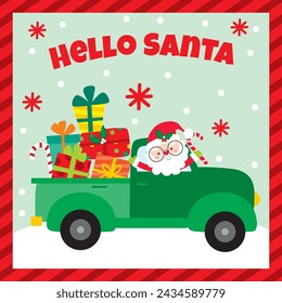 Christmas For Card, Bag with Cute Santa Claus in Christmas Truck