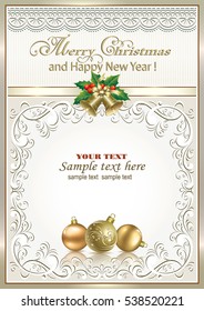 Christmas card with ball and bells in a frame with an ornament