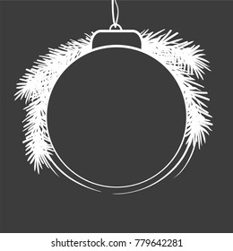 Christmas card with a ball and branches of a Christmas tree. Pencil effect shapes