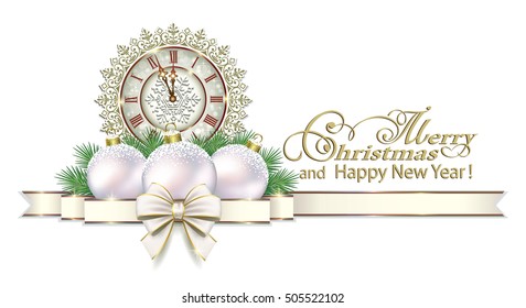 Christmas card with ball, clock and ribbon with a bow on a white background