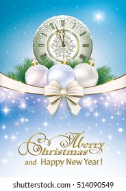 Christmas card with a ball, the clock and ribbon with a bow on a blue background