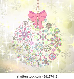 Christmas card with ball of colorful stylized snowflakes