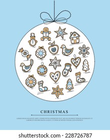 Christmas card with ball of Christmas gingerbreads . Vector illustration.