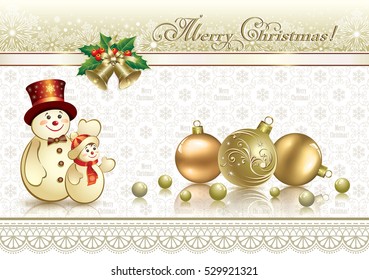 Christmas card with ball, ribbon with bells and snowman ornaments on a background