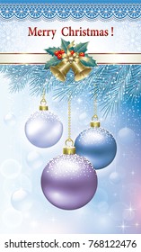 Christmas card with a ball and a ribbon with a bells on the background of fir branches. Vector illustrations