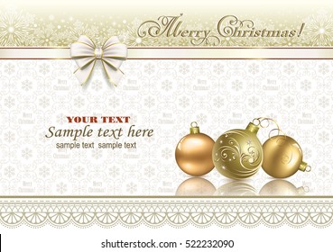 Christmas card with ball and a ribbon with a bow on a background ornament