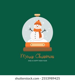 Christmas card with ball and snowman. Handwritten greeting inscription. Vector illustration