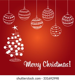 Christmas card ball and tree wine red color background. Colored illustration. Schematic picture. Doodle traditional ball and pine tree. Merry Xmas festive card.