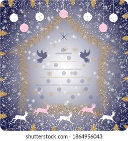 Christmas card with balloons, snowflakes, reindeer and doves. Vector illustration.