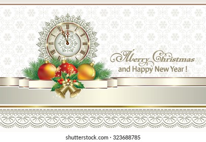  Christmas card with balls, bells and clock.