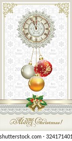 Christmas card with balls, bells and clock.