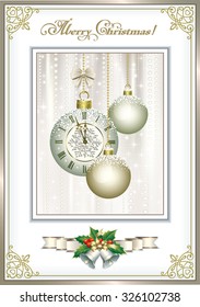 Christmas card with balls, bells and clock.