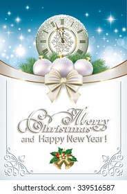 Christmas card with balls, bells and clock in a frame with an ornament