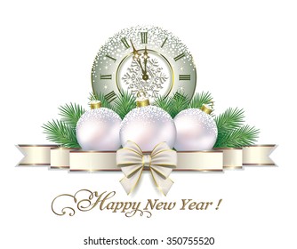 Christmas card with balls, bells and clock