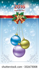 Christmas card with balls and bells in a frame