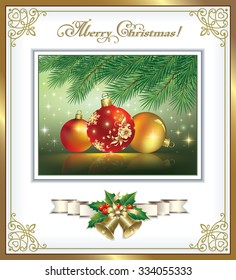 Christmas card with balls and bells in a frame