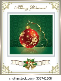 Christmas card with balls and bells in a frame