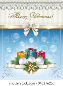 Christmas card with balls, bells and gifts