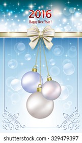 Christmas card with balls and bow in the frame