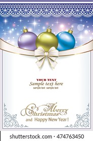 Christmas card with balls and a bow in a frame with an ornament on a blue background