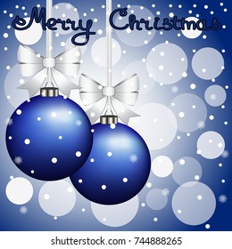 Christmas card with balls and bows on a blue background. Vector Illustration