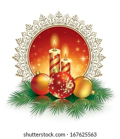 Christmas card with balls and candles