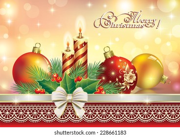 Christmas card with balls and candles