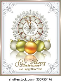 Christmas card with balls and a clock in a frame with an ornament