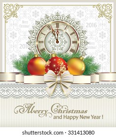Christmas card with balls and clock on the background of the ornament