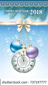 Christmas card with balls and clock on the background of fir branches and ornaments. Vector illustration