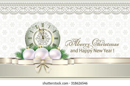 Christmas card with balls and clock in the ornament