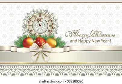 Christmas card with balls and clock in the ornament