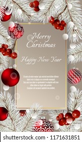 Christmas card with balls and fir branches with space for text. Vector Christmas design for greeting card, party invitation, holiday sales.