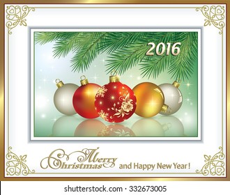 Christmas card with balls in frame