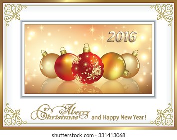 Christmas card with balls in frame with an ornament