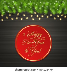 Christmas card Christmas balls, garland and branches of Christmas tree on black wooden desk. Christmas illustration with Happy New Year text on red card