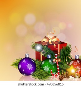 Christmas card with Christmas balls, gift and Christmas tree.
