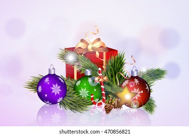 Christmas card with Christmas balls, gift and Christmas tree.