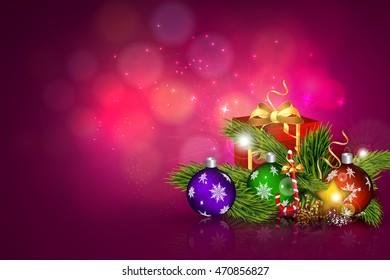 Christmas card with Christmas balls, gift and Christmas tree.