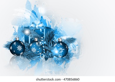 Christmas card with Christmas balls, gift and Christmas tree.
