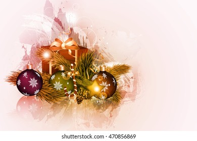 Christmas card with Christmas balls, gift and Christmas tree.