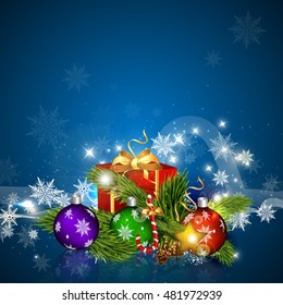 Christmas card with Christmas balls, gift and Christmas tree.